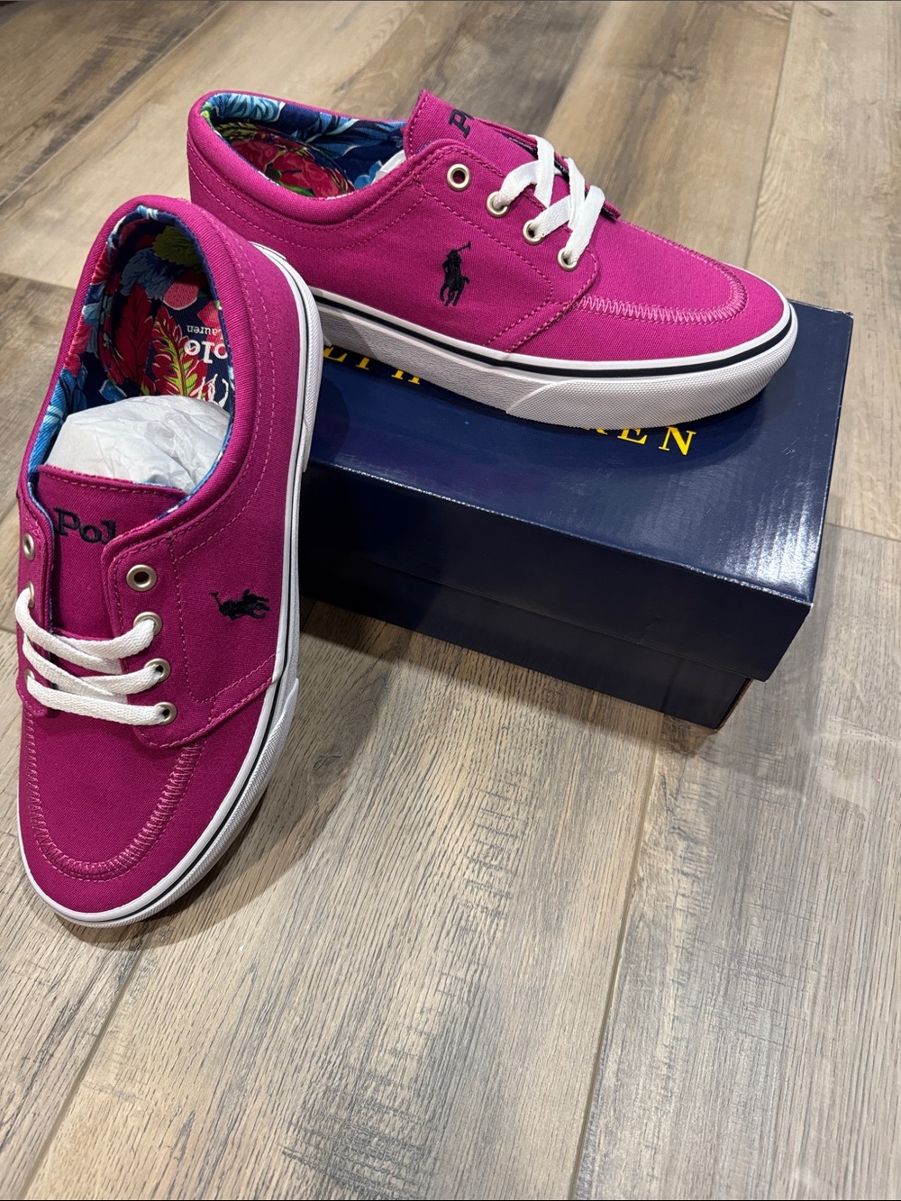 New Polo Ralph Lauren Pink Navy Canvas Shoe with Box